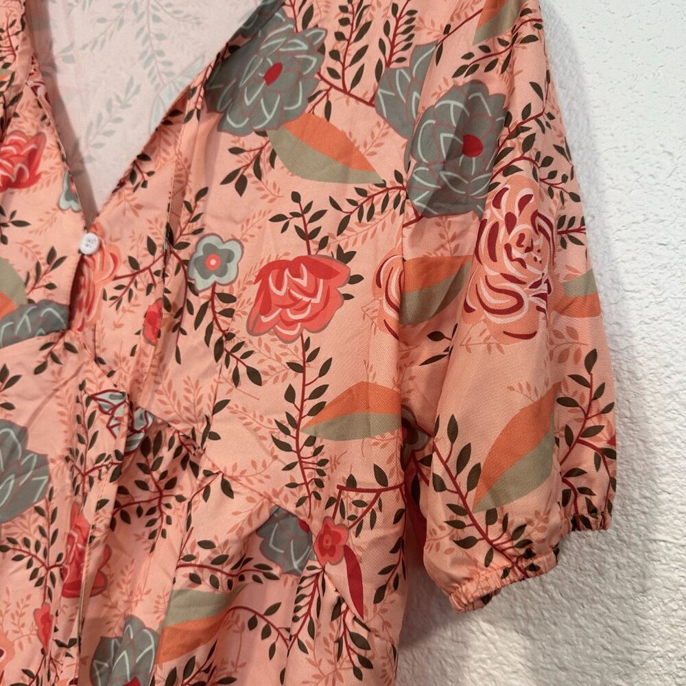 Misslook XL Floral Midi Dress Ruffle Hem MultiColor Short Sleeve Tied V-Neck EUC - Picture 6 of 8